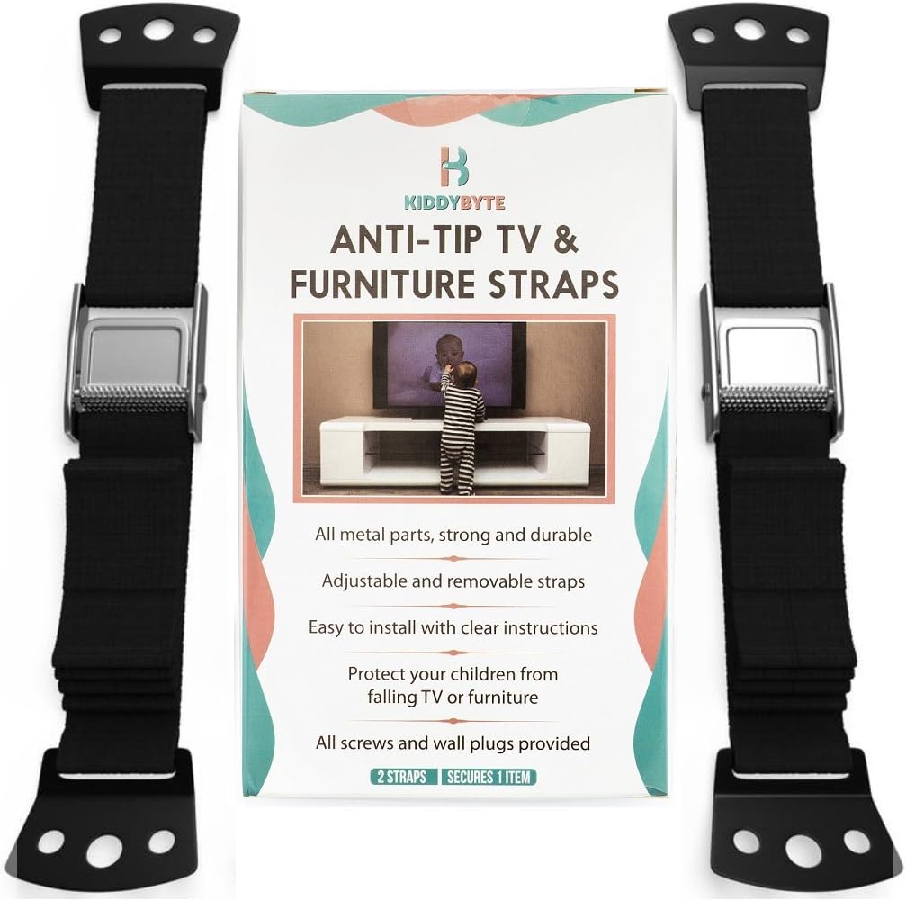 Baby Proofing Anti Tip Furniture Kit - Wall Anchor Safety Straps for Flat Screen TV & Dresser (2PC), Premium Adjustable Metal Strap Anchors for Children Proof, Earthquake Resistant Mount by KiddyB