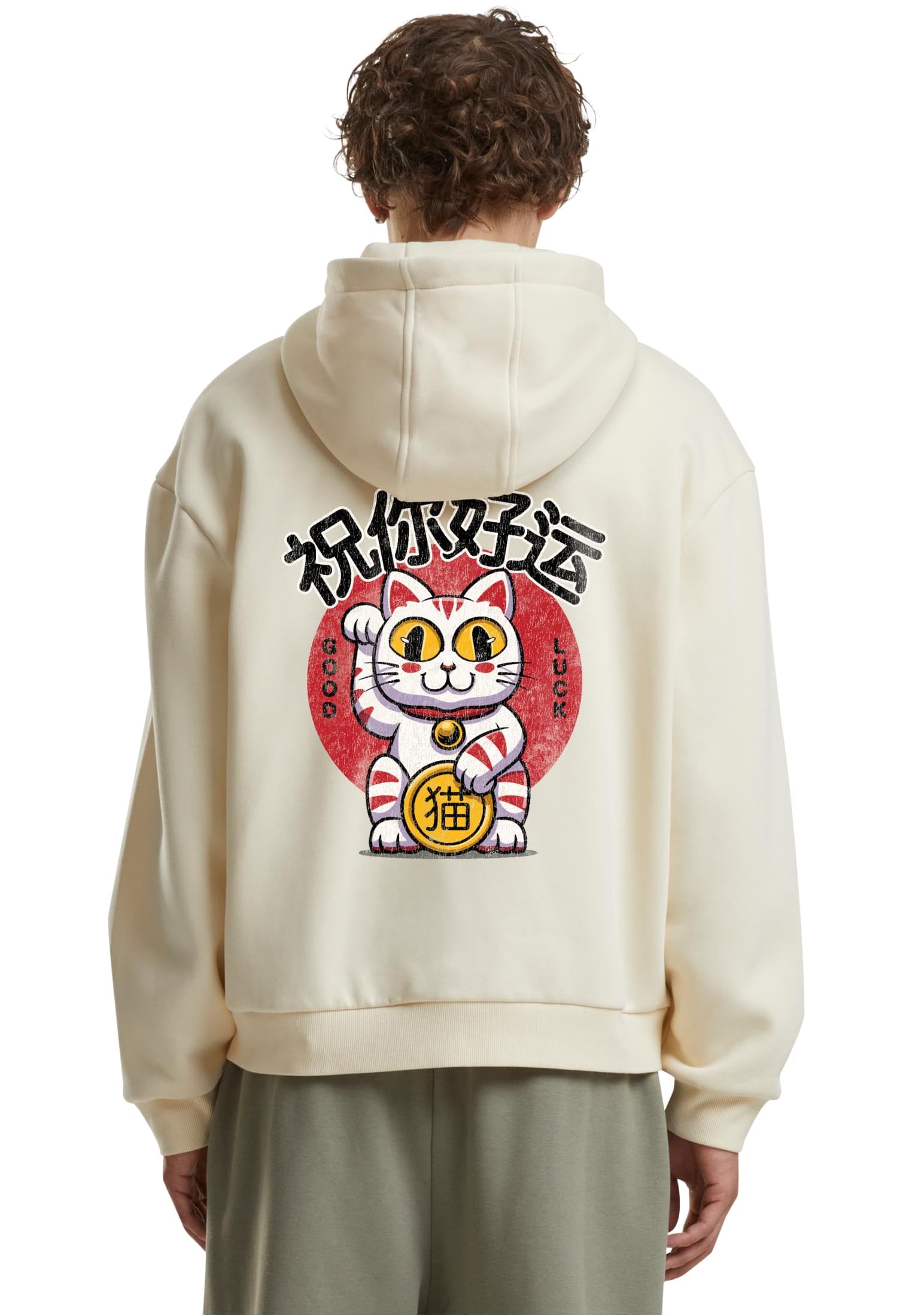 Mister Tee Męska bluza z kapturem Good Luck Cat Fluffy Zip Hoody – Regular Fit bluza z kapturem z nadrukiem kota na szczęście i miękkim polarowym wnętrzem, biały piasek, XL