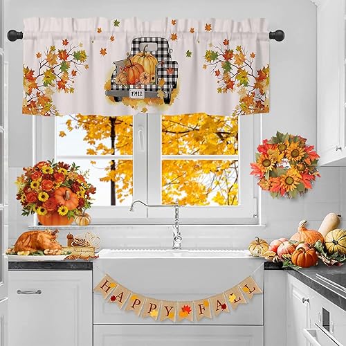 Miniatura 5 de Cenefas de ventana de otoño de Acción de Gracias, cortinas cortas de cocina con bolsillo para barra, cortinas de cenefa de calabaza naranja, hoja de