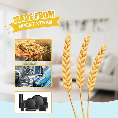 Miniatura 7 de Teivio Juego de vajilla de plástico de 24 piezas de paja de trigo, servicio para 6, platos llanos, platos de postre, cuencos para cereales, vasos,