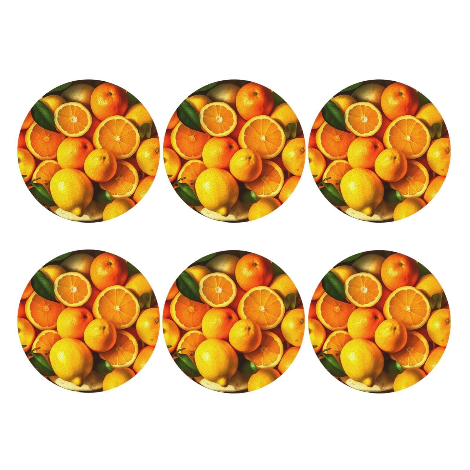 6pcs Leather Coasters for Drinks, Oranges and Lemons Drink Coasters for Tabletop Protection, 4" Cup Coasters for Coffee Table Decor, Non-Slip Drinking Cup Mat for Hot Or Cold Drink