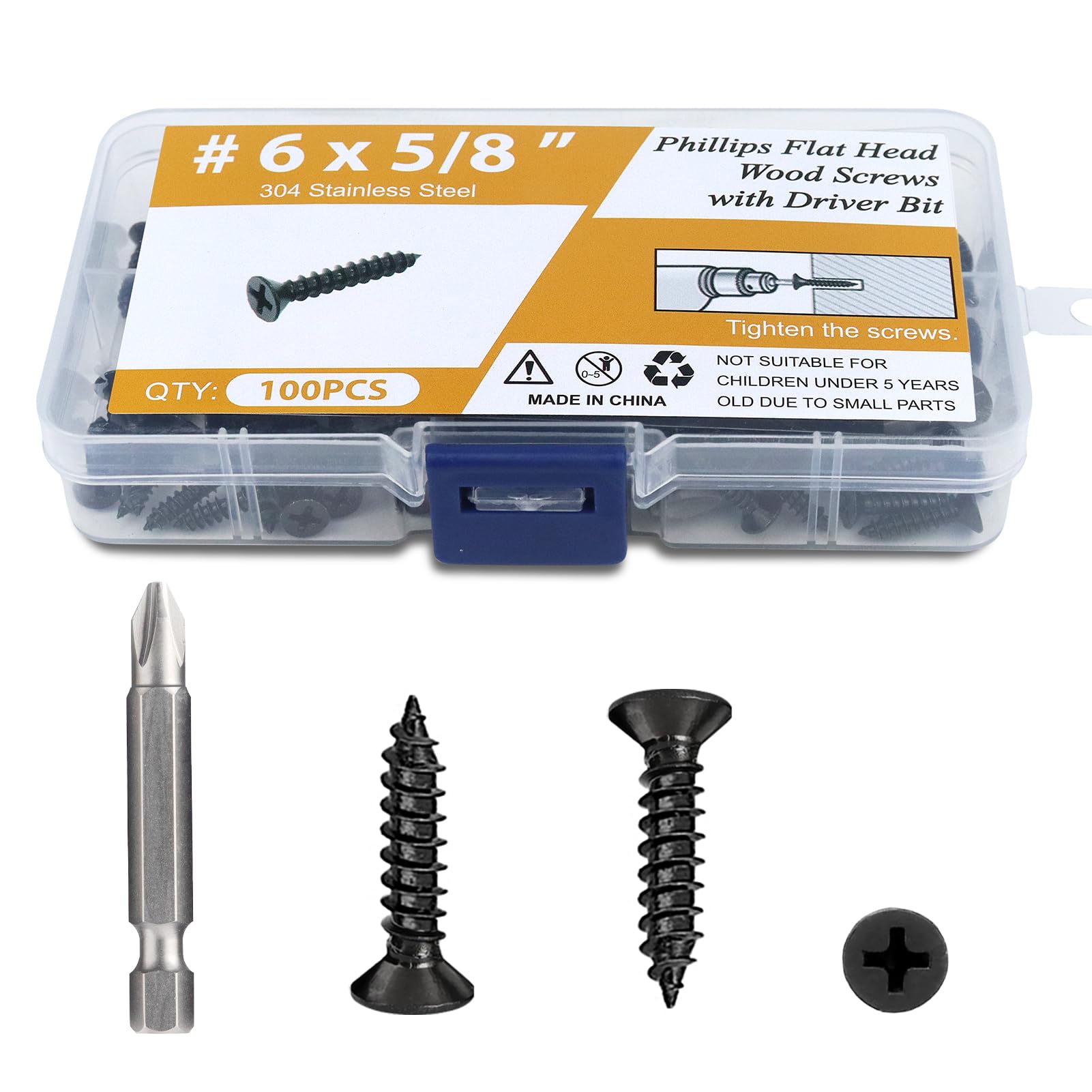 100PCS #6 x 5/8" Black Wood Screws, Flat Head Stainless Steel Sheet Metal Screws, Fast Self Tapping Screws for Deck Drywall Concrete Screws with