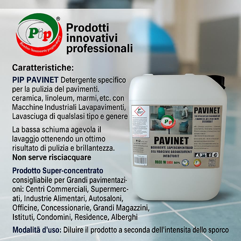 PIP Detergente Macchine Lavapavimenti Pavinet, Concentrato, TK UN LT..10 = Kg. 10,8 Pavimento Industriale, Piscina, Marmo, Ceramica, Linoleum, Cemento