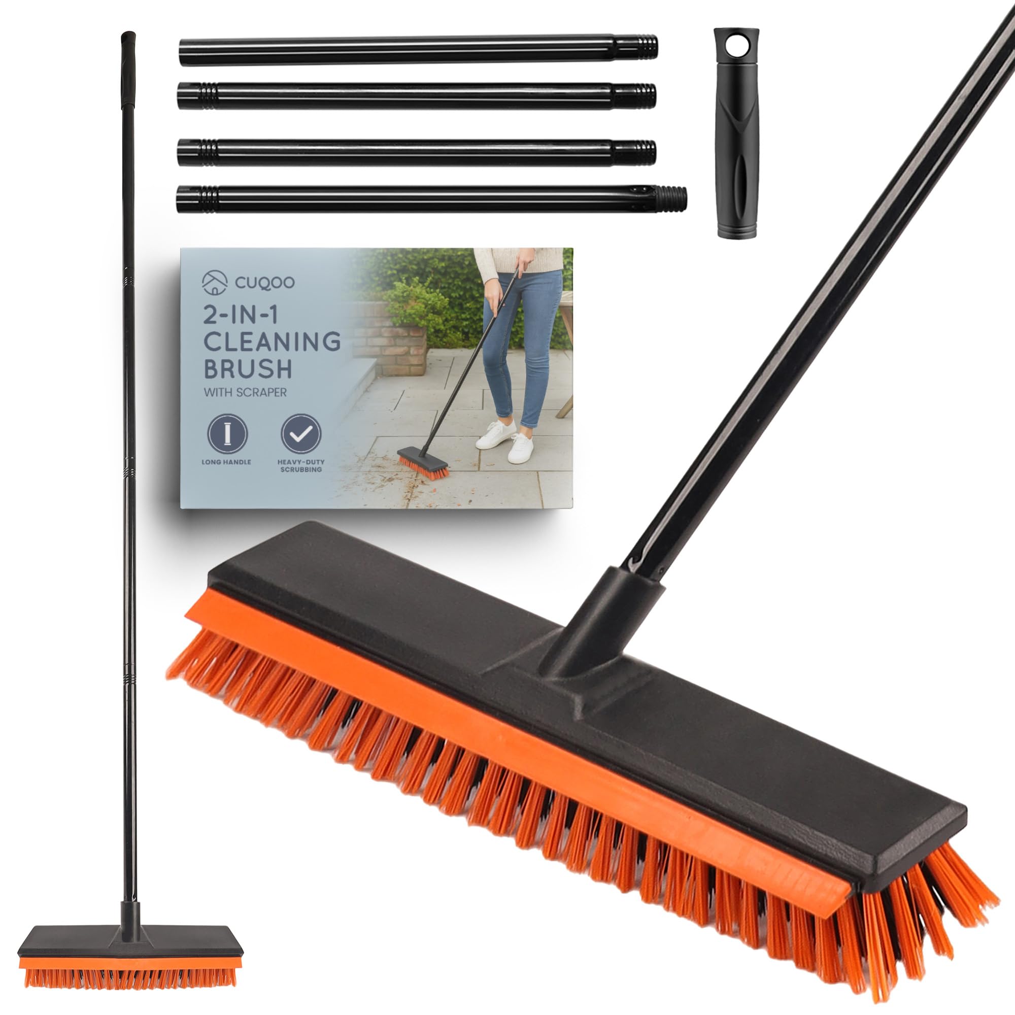 CUQOO Heavy Duty Outdoor Broom with Silicone Scraper – Stiff Yard Brush with Long Handle for Patio, Driveway, Garden, Block Paving, Artificial Grass & Garage Floor Sweeping