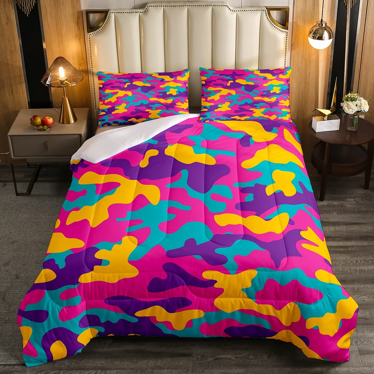 Kids Girls Camo Duvet Insert Boys Army Camouflage Bedding Set Man Colorful Art Duvet Set Purple Yellow 3Pcs Bedding Double