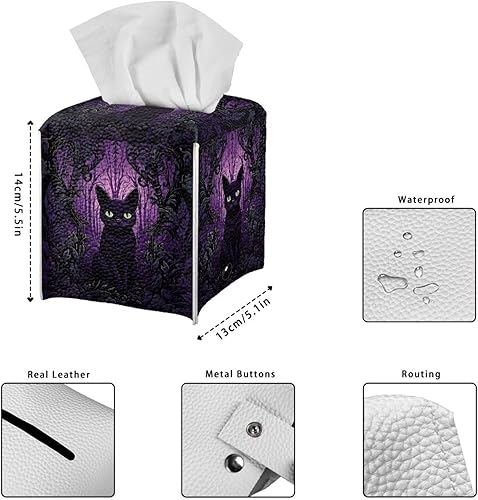 Miniatura 5 de Caja de pañuelos cuadrada para gatos de Halloween, soporte para caja de pañuelos de cuero morado para bañocafé, decoración de escritorio, soporte de