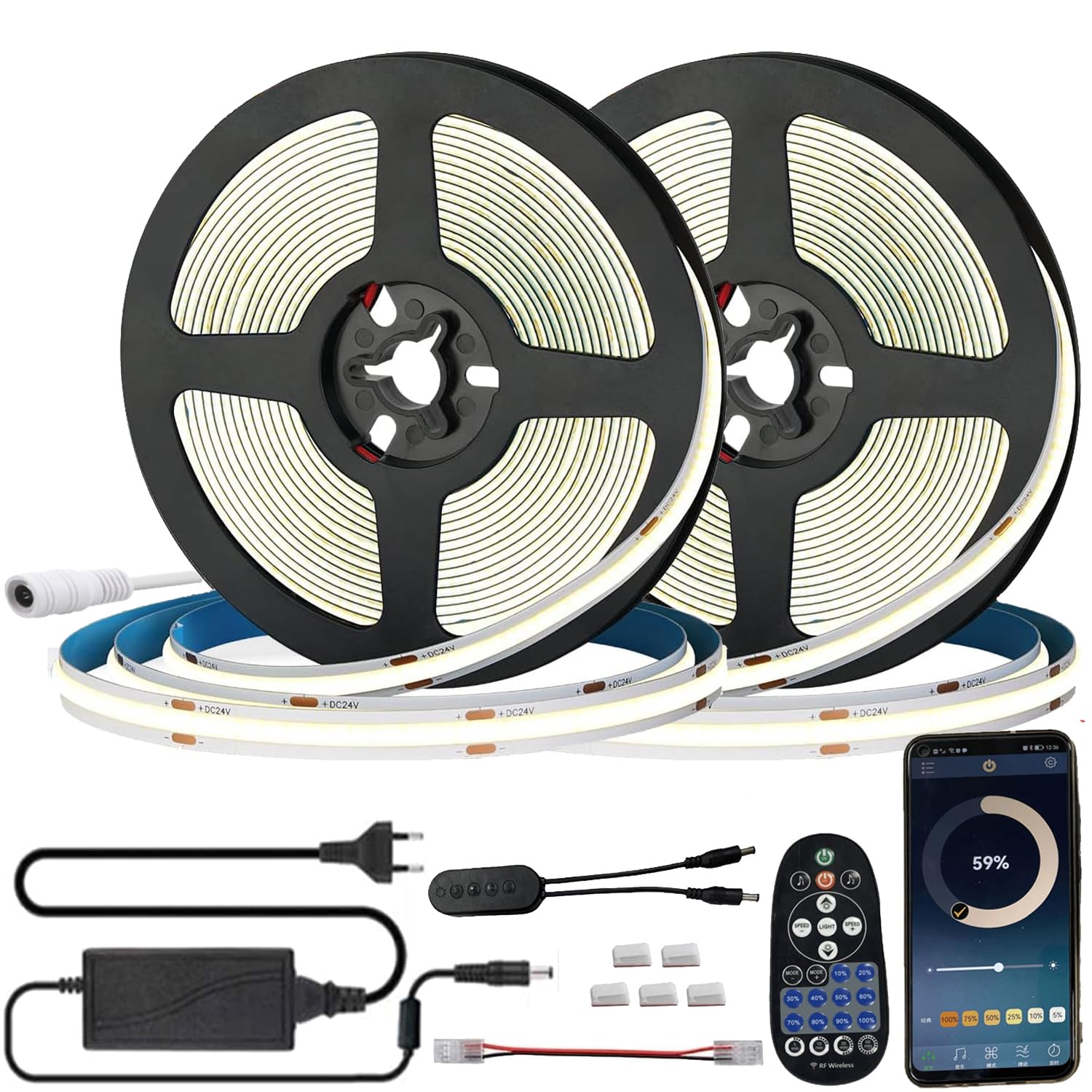 10m (2x 5m) COB LED Streifen Neutralweiß 4000K, Dimmbar 8mm Strip, Bluetooth APP kontrolliert, selbstklebend, Flexibel Lichtleiste mit 12V Netzteil & RF Fernbedienung