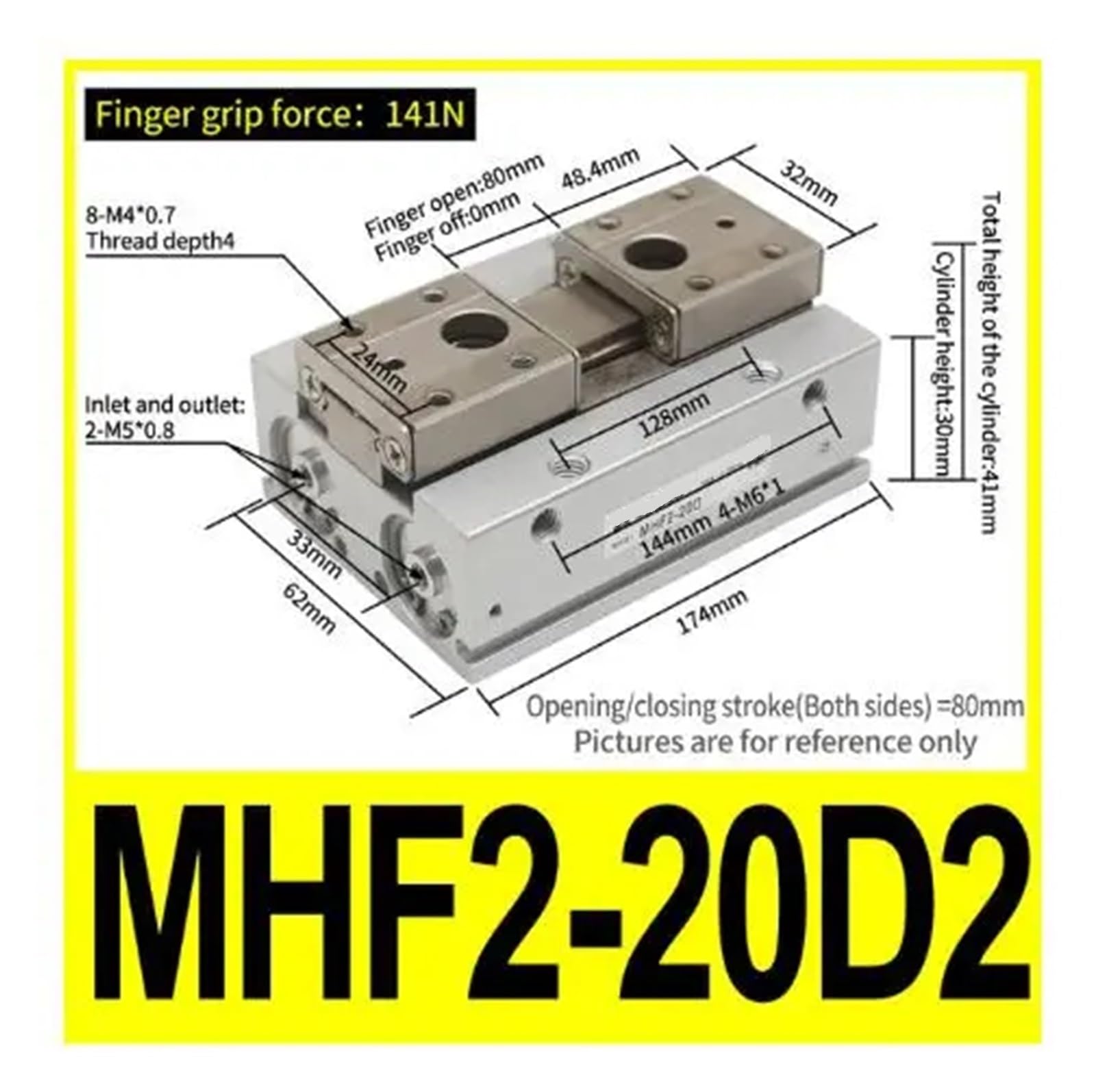 Cylindre pneumatique à force de préhension parallèle à profil bas MHF2 8D MHF2 10D MHF2 12D MHF2 16D MHF2 20D Pince pneumatique
