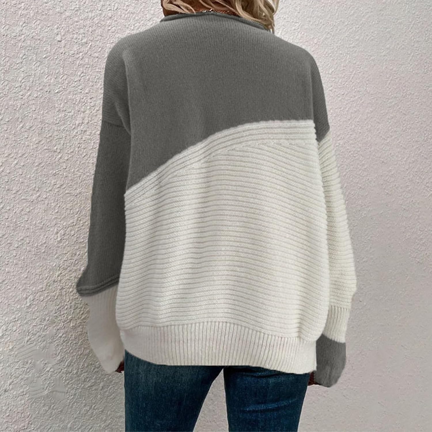 Women Color Block Roll Neck Sweater Ribbed Knit Long Sleeve Shirts