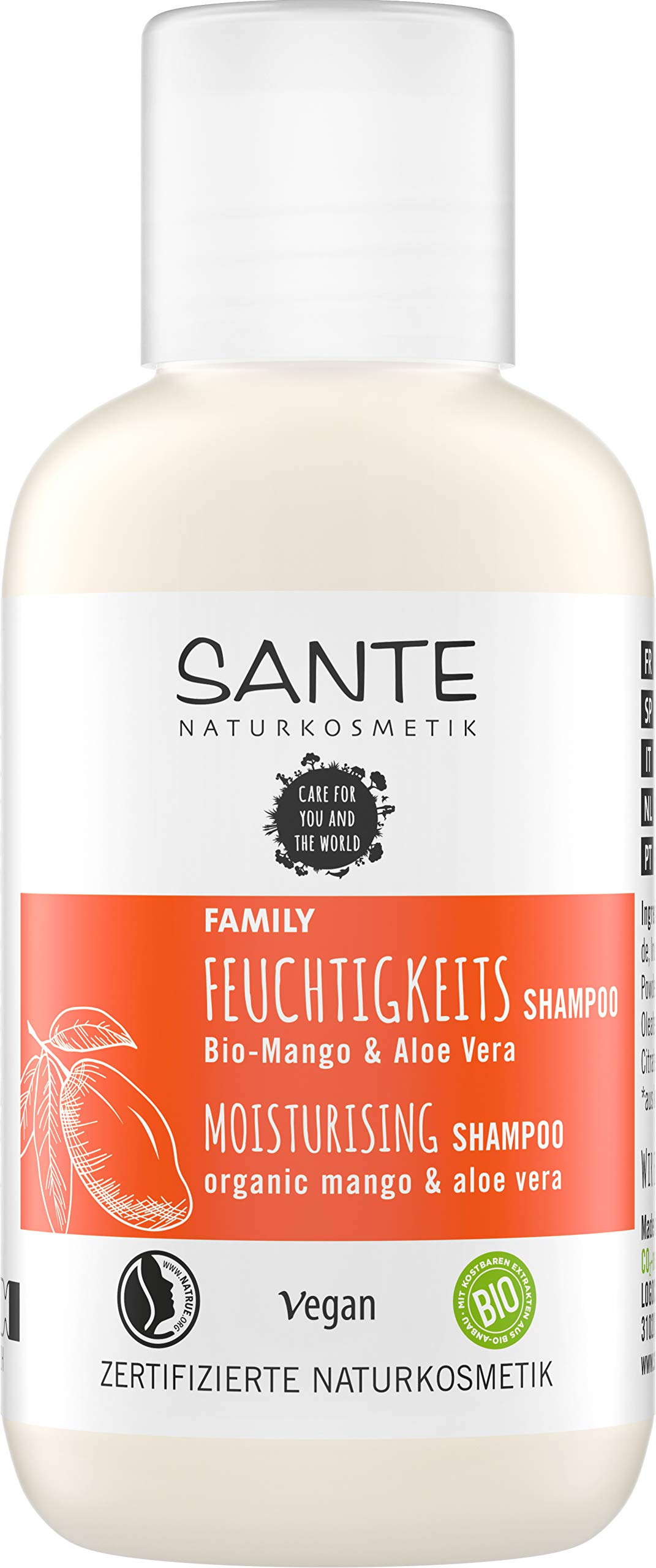 Sante Naturkosmetik Kleingröße Feuchtigkeits Shampoo Bio-Mango & Aloe Vera, Spendet Feuchtigkeit, Glänzendes Haar, Natürliche Haarpflege für trockenes Haar, Vegan, 50ml