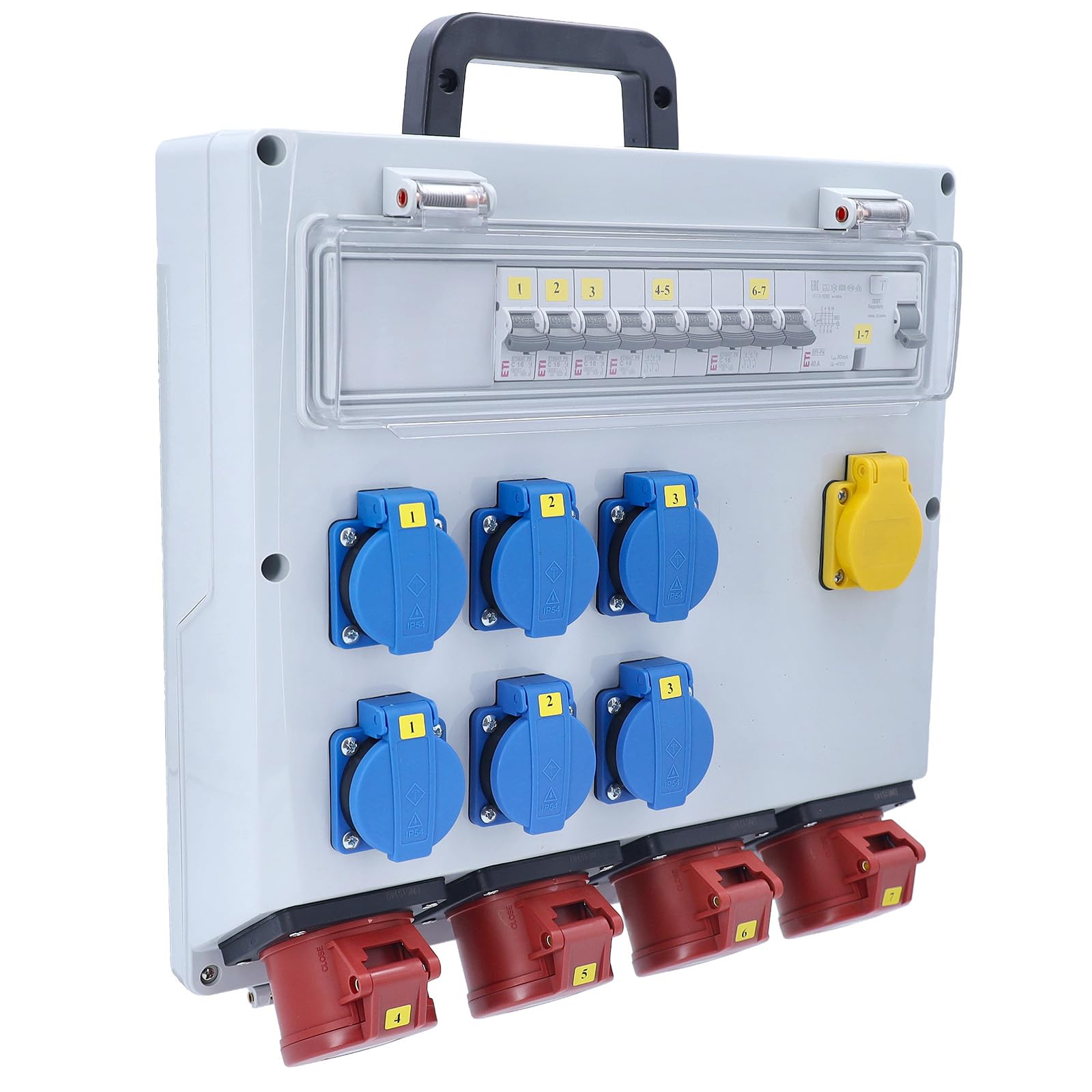 as - Schwabe Rozdzielacz ścienny FIXO 13D MAX DAT+ Rozdzielacz prądu budowlanego 400V/16A IP44 z FI 40A 30mA, 4x CEE 16A, 6x Schuko, 2x RJ45 CAT6