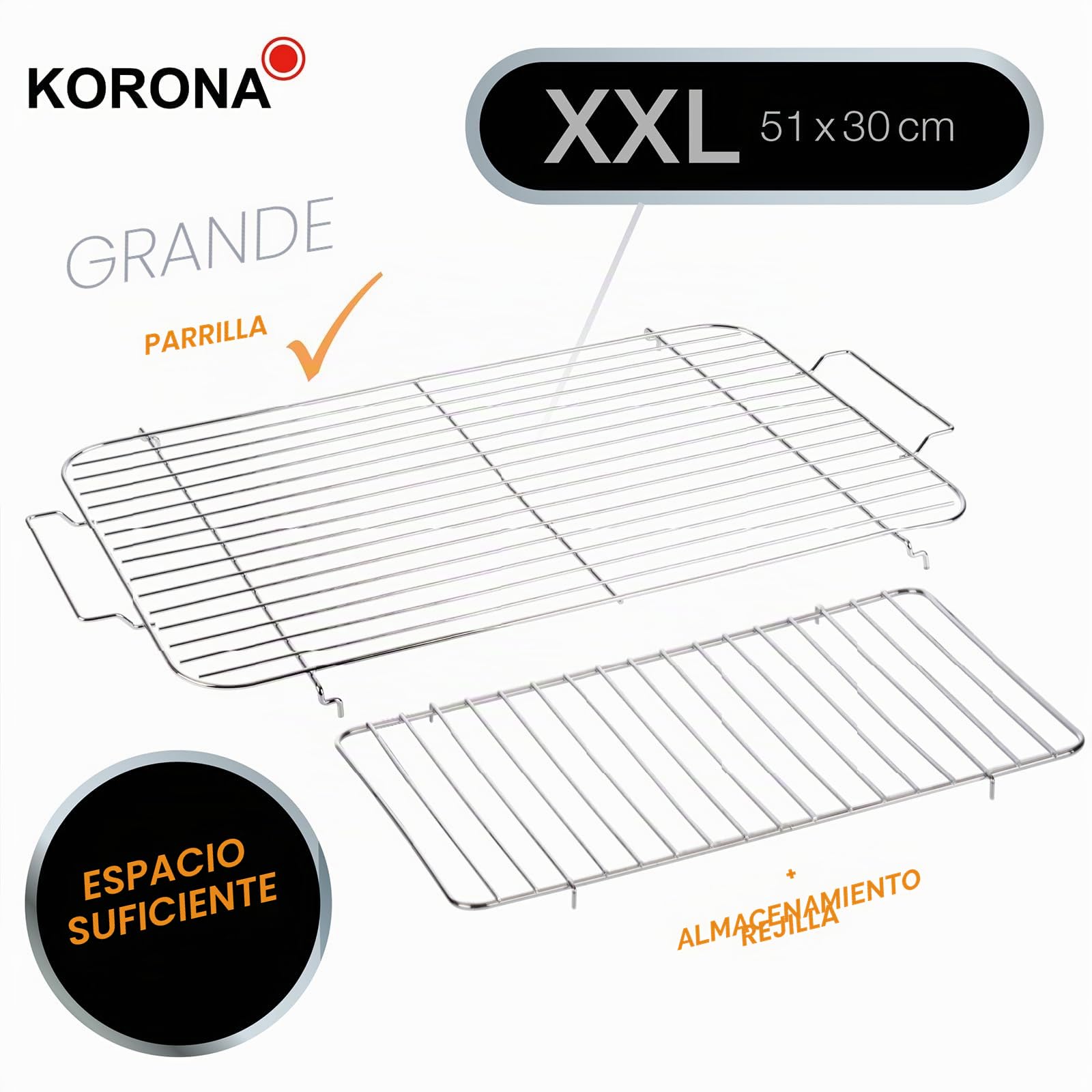 Korona 46221 Parrilla eléctrica de pie con parrilla XXL (51 x 30 cm) / 2200 W/cortavientos/luz indicadora/interruptor de seguridad/ajuste de temperatura continuo