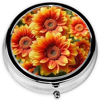 Pill Box with Mirror Orange Sunflower 3 Compartment Small Pill Case for Purse Or Pocket Mini Metal Pill Holder Travel Weekly Medicine Tablet Vitamin Holder Organizer Travel Gifts