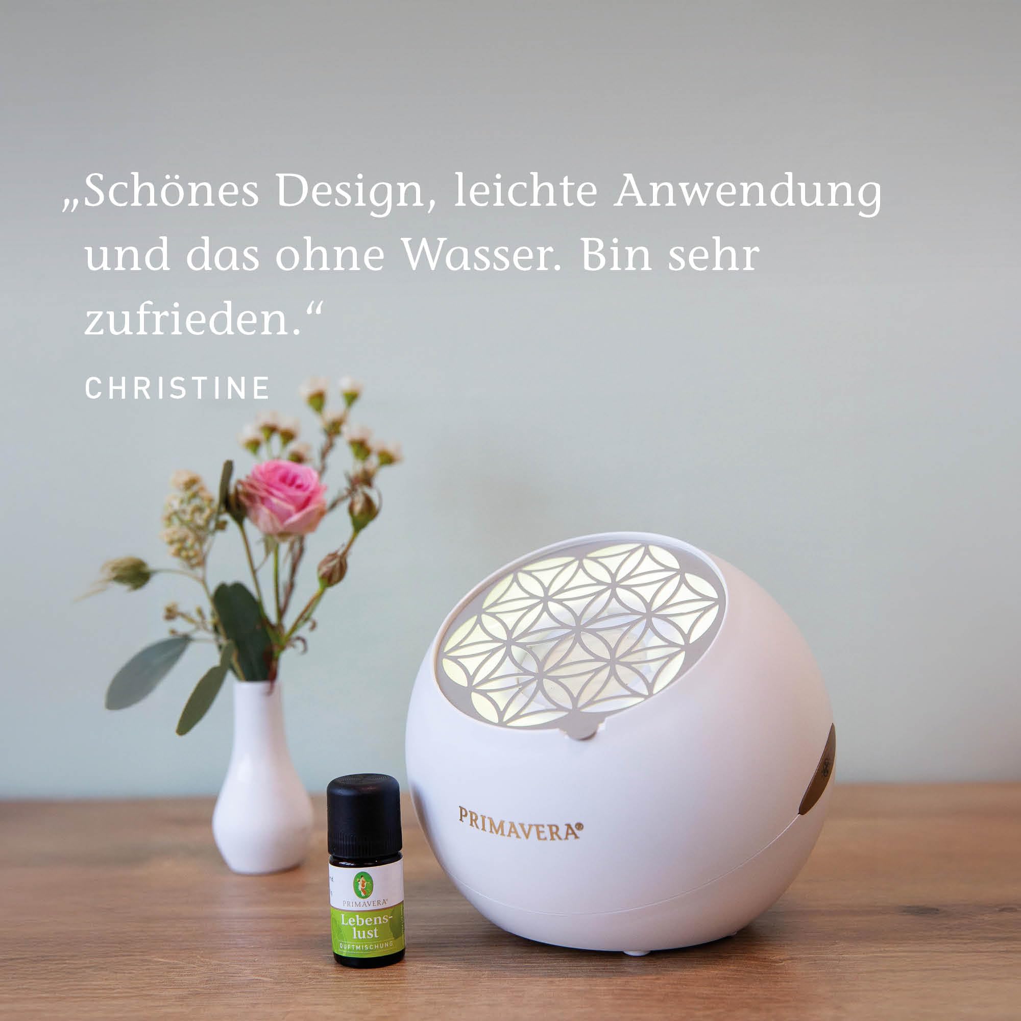 PRIMAVERA Aroma Ventilator Flower – farbenfroher Duftzauber für größere Räume – elektrische Duftlampe, Aromadiffuser, Raumduft – 3 Ventilationsstufen – Aromatherapie