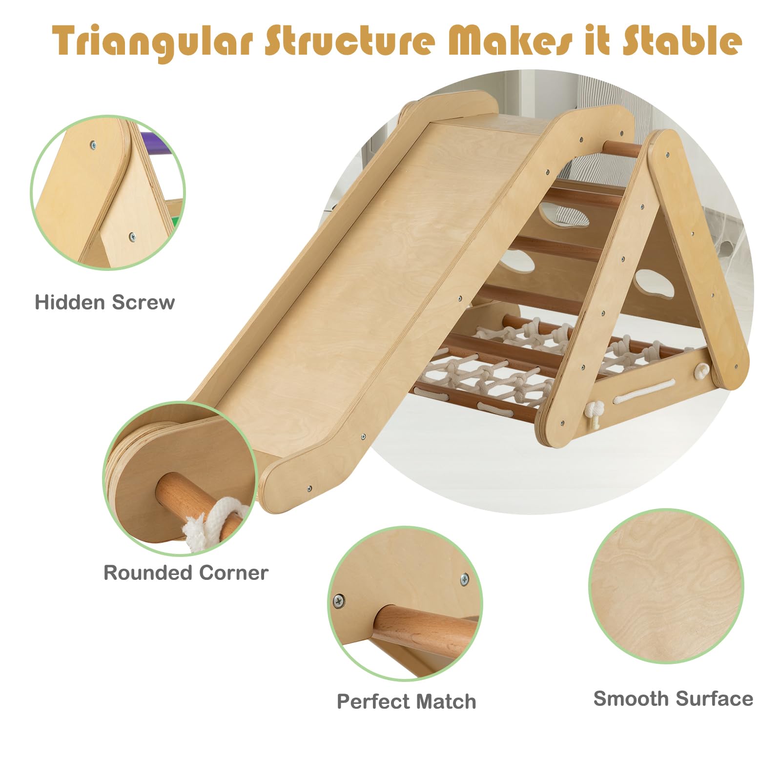 HOMASIS 4 in 1 Klettergerüste mit Rutsche, Kletterdreiecke für Kinder, Spielplatz aus Holz, Montessorie Kletterspielzeug für Kinder ab 1+ Jahren, Sprossendreieck Max. Kapazität 60 kg (Holzfarbe)