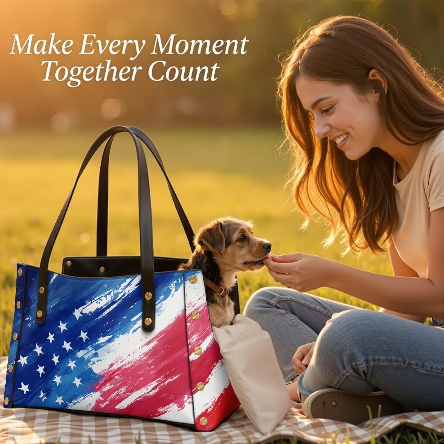 American Flag Leather Dog Carrier Purse Patriotic Pet Travel Bag with Soft Sided Ventilated Collapsible Waterproof 4th of July Cat Purse Carrier