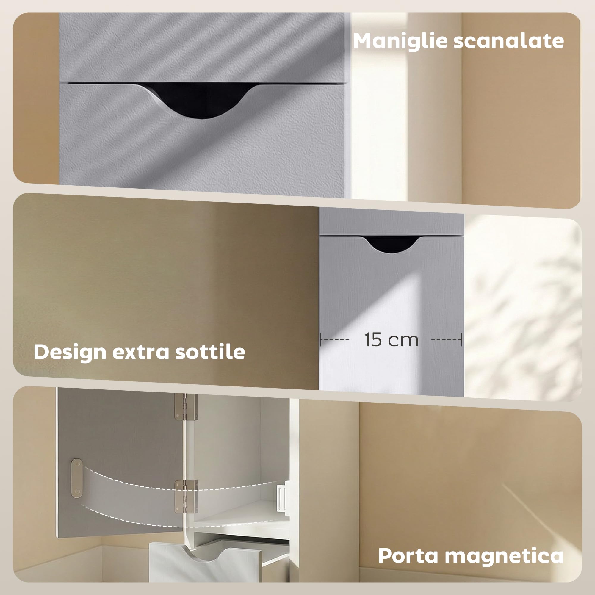 HOMCOM Colonna Bagno, Mobile Bagno Salvaspazio in Legno, Mobiletto con Armadietto, Ripiani e Cassetti, 15x33x136.8 cm, Grigio Chiaro