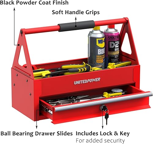 Miniatura 3 de UNITEDPOWER Práctica caja de herramientas con 1 cajón, bandeja portátil de metal con mango de agarre cómodo, organización de herramientas