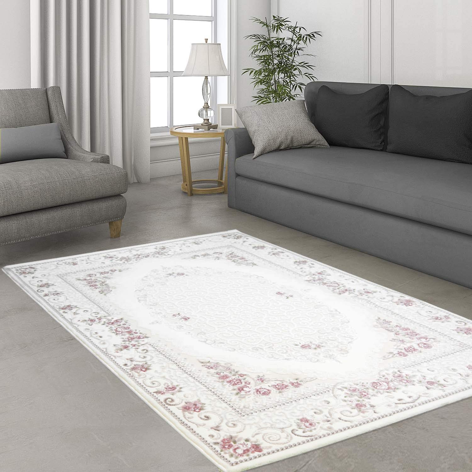 Acryl-Teppich Gewebt Hochwertig mit Klassischen Design aus Ornamenten und Määnder-Look in Creme, Rosa Größe 80/300 cm