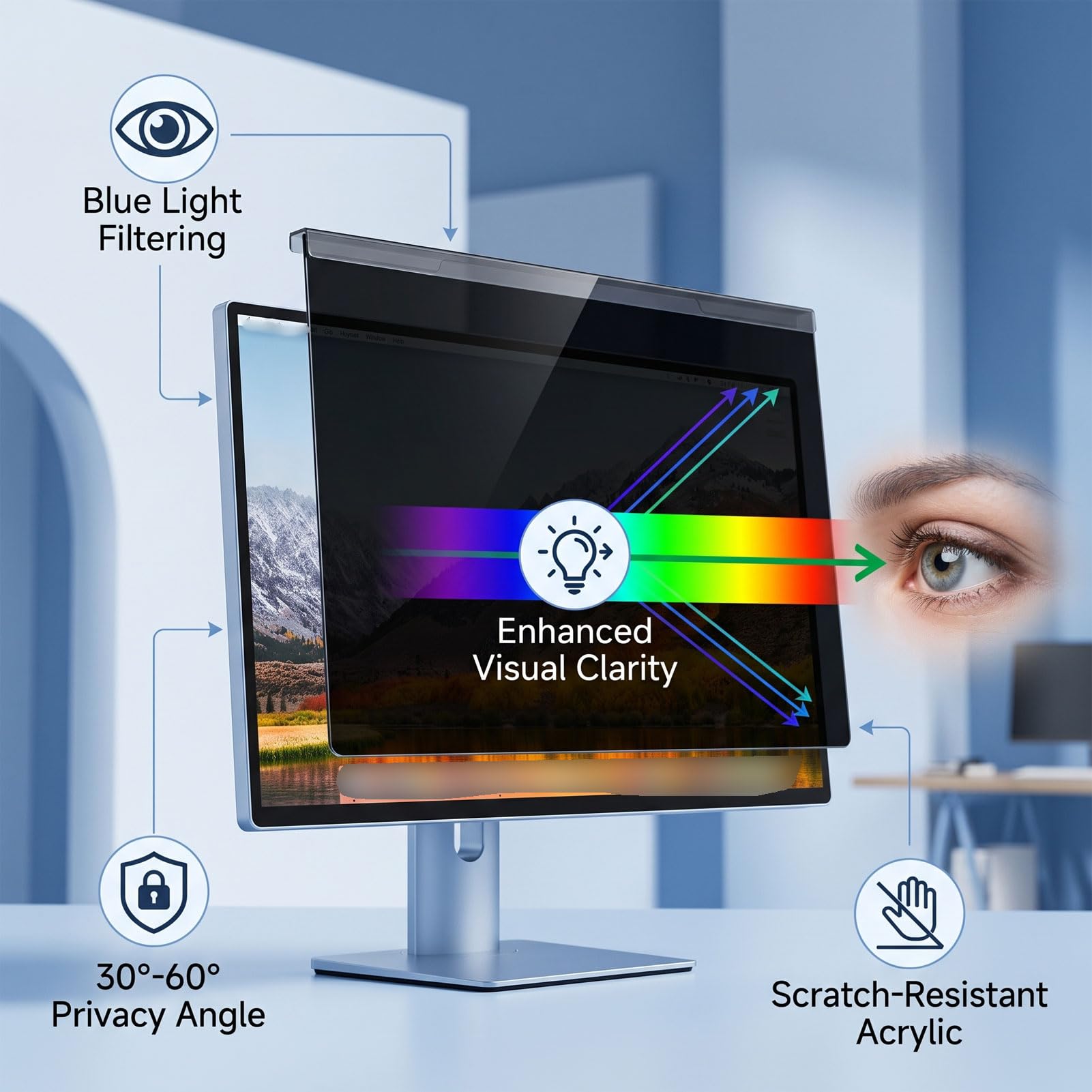Filtro de Pantalla de Privacidad de 27 Pulgadas, Protector de Monitor de Computadora con Bloqueo de Luz Azul Antiespía Acrílico con ángulo de Visión de 30-60 Grados, para