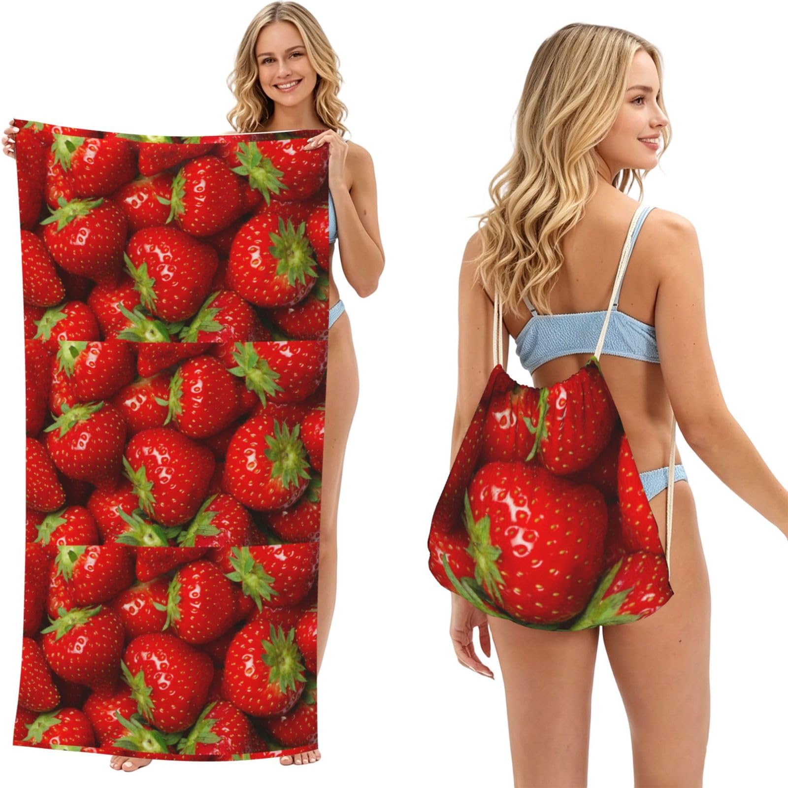 Poadnly As Picture Strawberry Drawing, 2 In 1 Packable Towel Bag, Beach Towels With Drawstring Backpack For Travel Holiday Camping