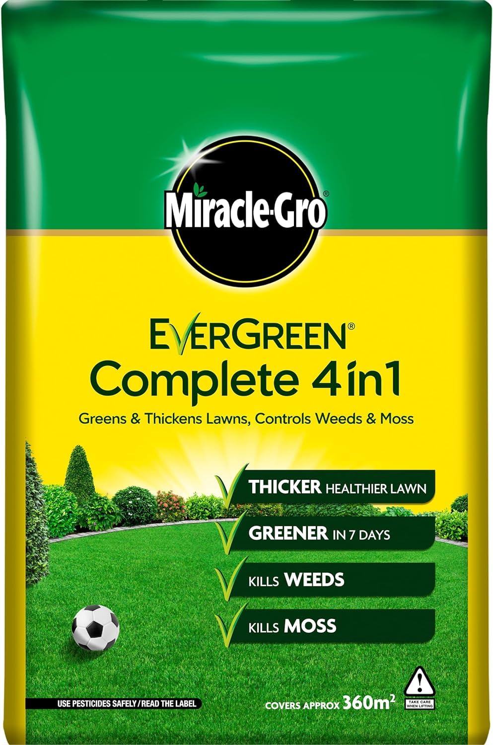 Miracle-Gro Evergreen Complete 4 in 1 Lawn Food - 12.6 kg - Covers 360 m² - All-in-One Lawn Care Solution with Weed & Moss Control for Lush, Healthy Lawns and Vigorous Growth