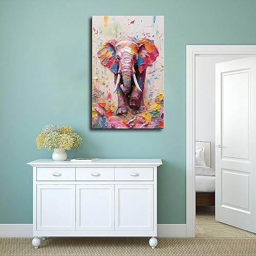 Miniatura 4 de Fyzuf Arte de pared de elefante - Pintura al óleo sobre lienzo, estilo cubismo, elefante colorido, estético, 12 x 18 pulgadas (11.8 x 17.7 in), sin