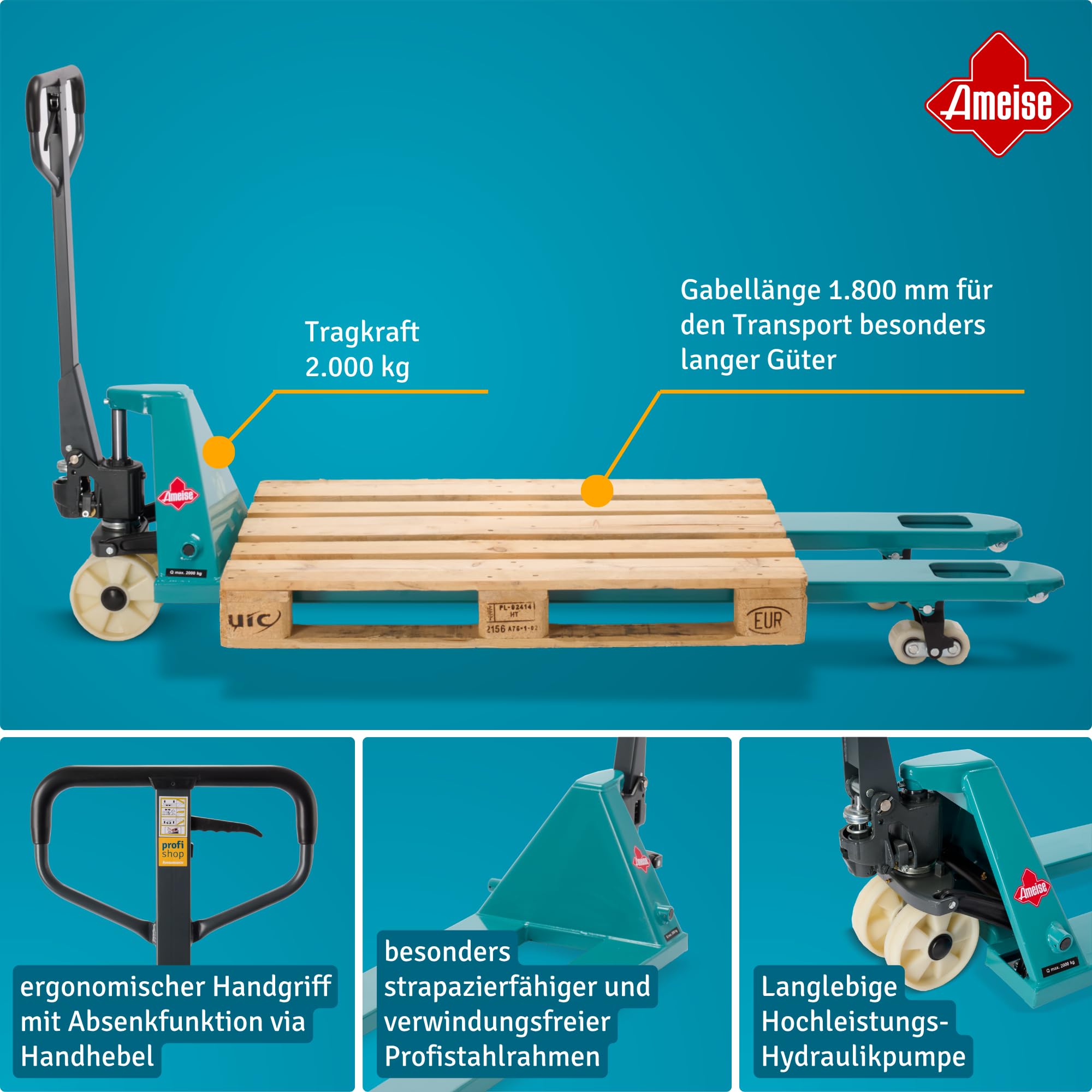 Ameise Hubwagen PTM lang | 2.000 kg Tragkraft | 1.800 mm Gabellänge | Lenkrad/Gabelrolle aus verschleißarmen Nylon | Tandem-Gabelrollen | Palettenhubwagen
