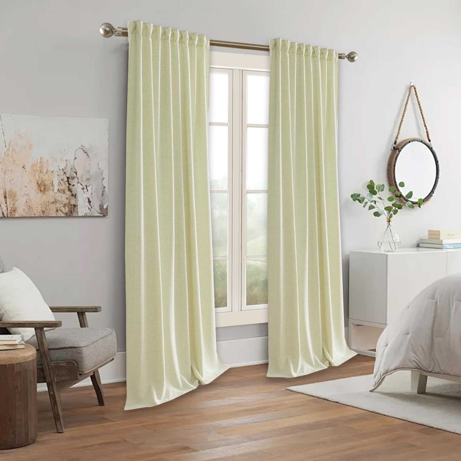 AZRMT Blackout Curtains for Bedroom, Linen Blackout Curtains Full Light Blocking 2 Panels Set - Tab Back and Rod Pocket Window Curtains for Living Room Bedroom - 52Wx84L/ Fresh Green