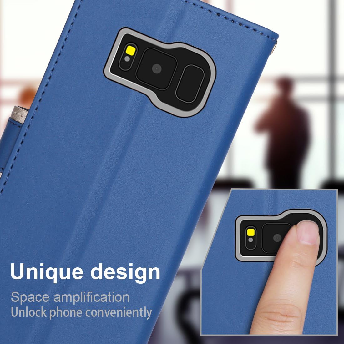 FYY Leather Case with Mirror for Samsung Galaxy S8 Plus, Leather Wallet Flip Folio Case with Mirror and Wrist Strap for Samsung Galaxy S8 Plus Navy Blue