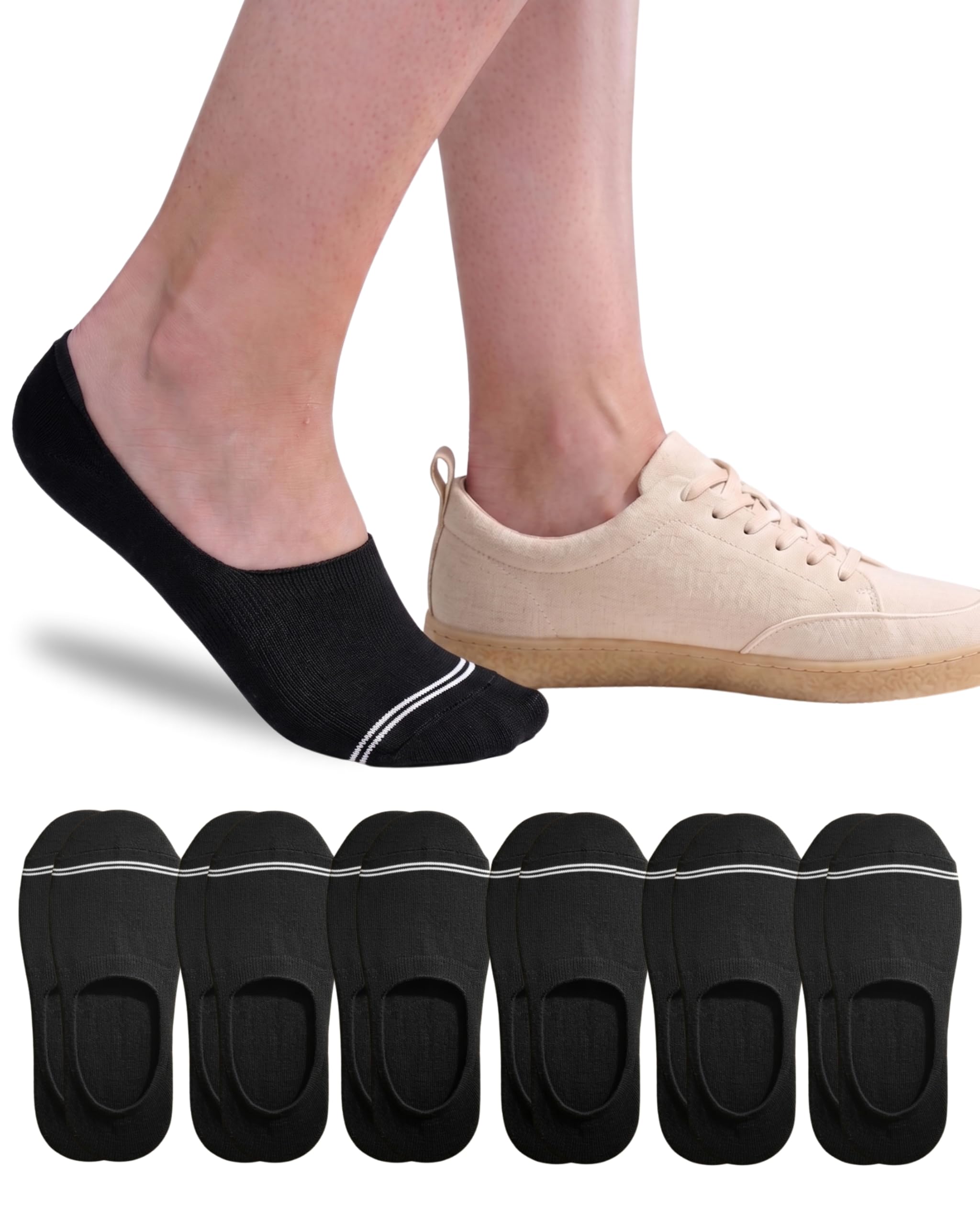 Lot de 6 paires de chaussettes invisibles en coton égyptien Giza 94 pour homme et femme - Talonnette en silicone