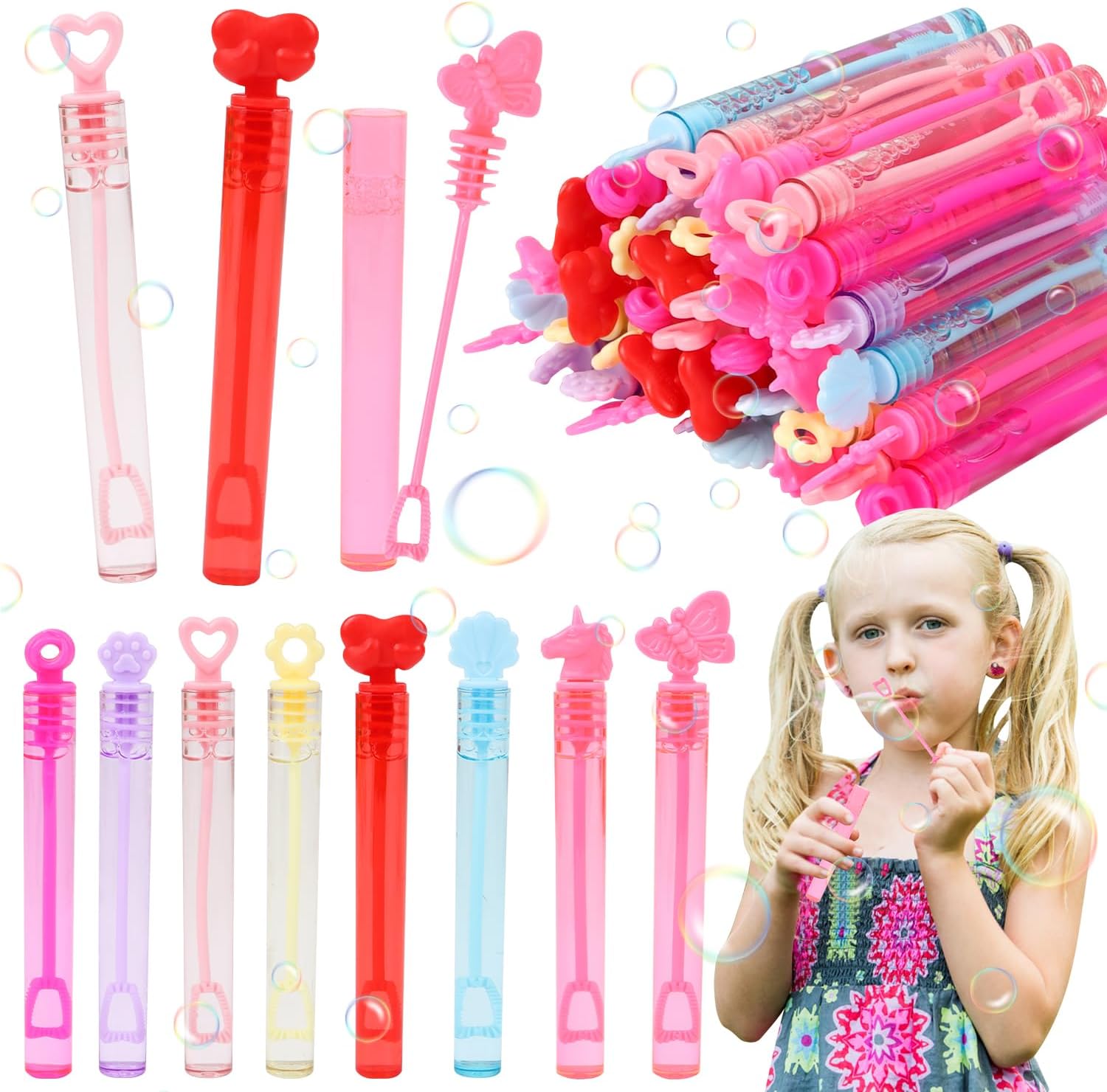 LOMIMOS 40Pcs Valentines Day Mini Bubble Wands,8 Styles Bubble Party Favors for Kids Valentines School Classroom Exchange Prizes Gifts Party Bag Stuffers Goodie Bag Filler