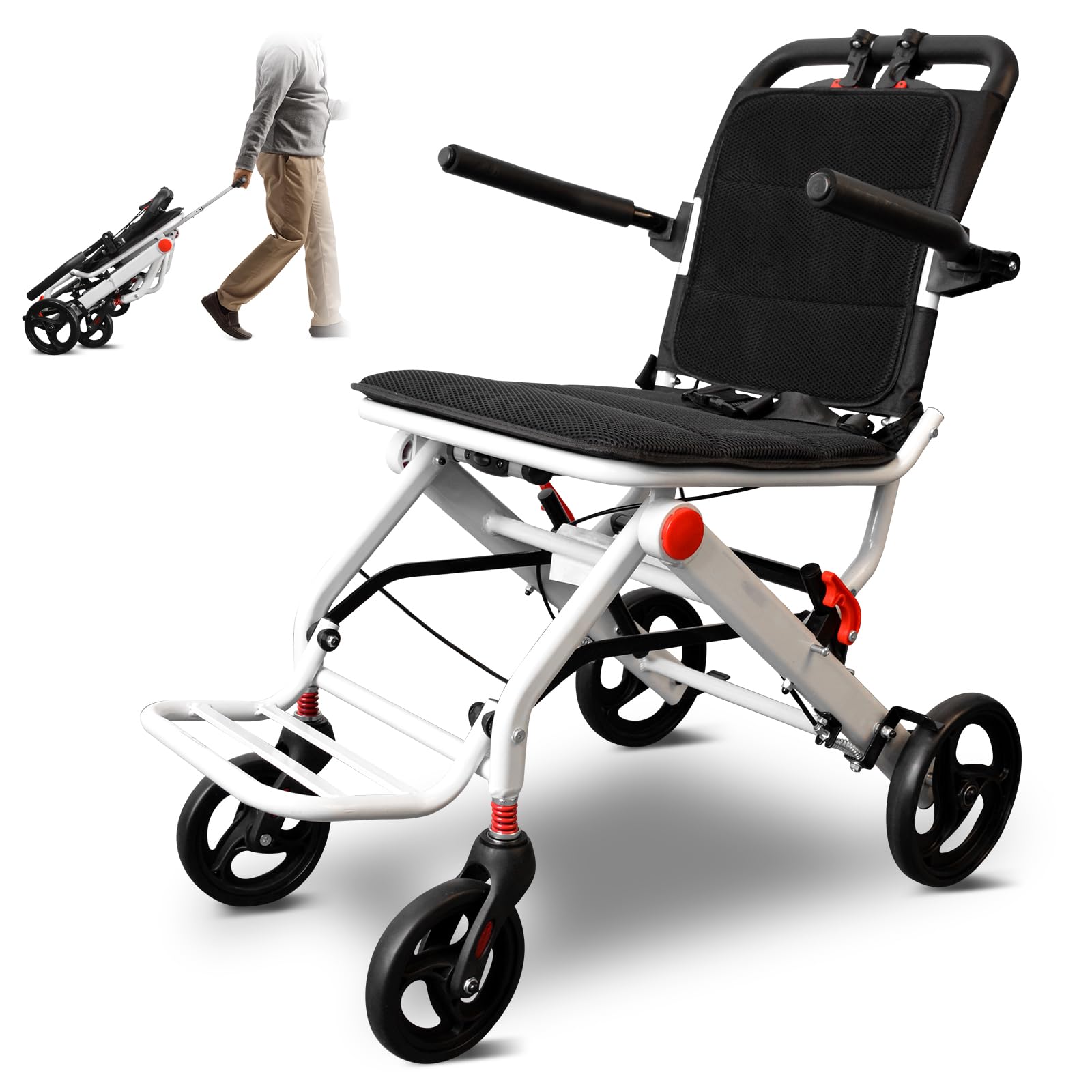 Photo 1 of Wheelchairs for Adults, Foldable Wheelchair Lightweight Aluminum Frame with Handbrakes & Telescopic Handle, Portable Travel Chair for Seniors, No Installation, White