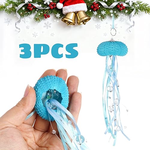 Miniatura 3 de 3 piezas de medusas de erizos de mar, adornos para árbol de Navidad, medusas costeras colgantes con cristales y cintas para fiesta temática de