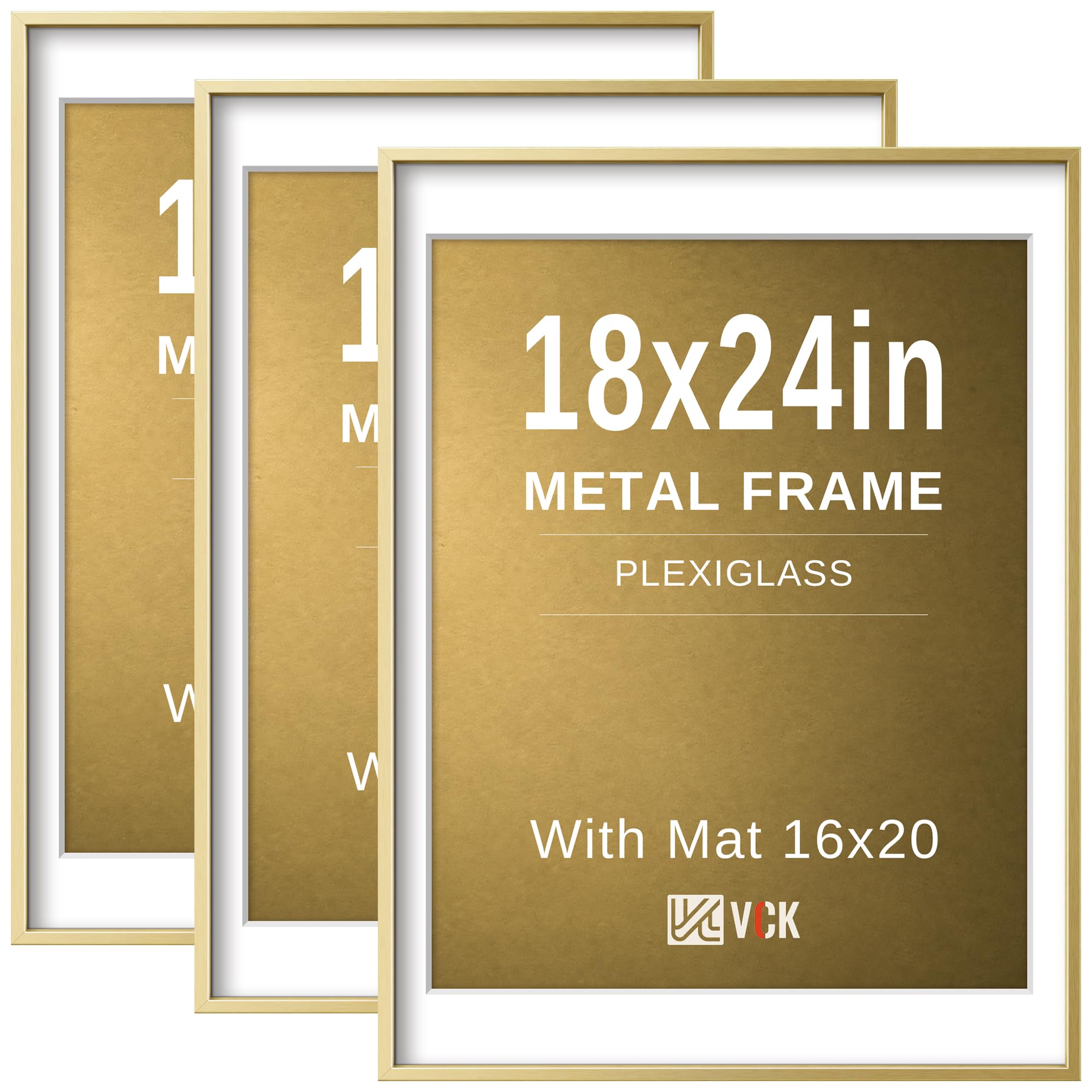 VCK 18x24 Frame, Gold Metal - Matted to 16x20, 3 Pack, for Artwork/Poster
