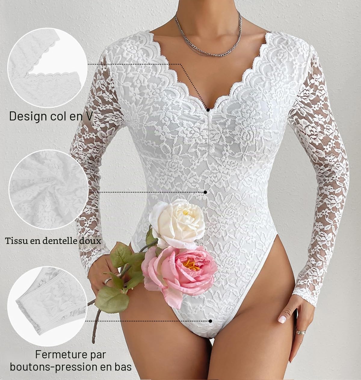 SHEKINI Body Femme Dentelle Élégant Chemise Haut Transparent À Manches Longues Col En V Corps Sexy Body Tops Chemise Pour Femmes