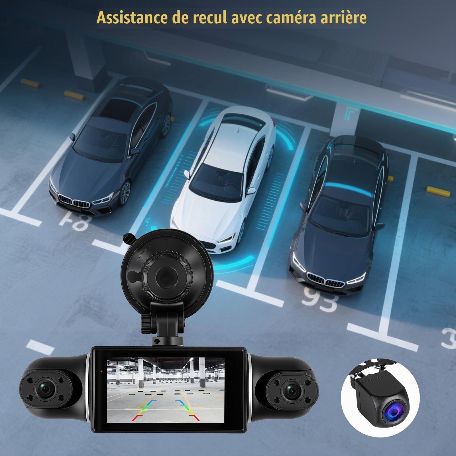 Dashcam Voiture 4 Canaux 360° avec WiFi, 2K+3*1080P Avant Arrière Droite, Autocaméra avec Vision Nocturne, Surveillance du Stationnement, G-Sensor, Enregistrement en Boucle, APP, Aide au recul
