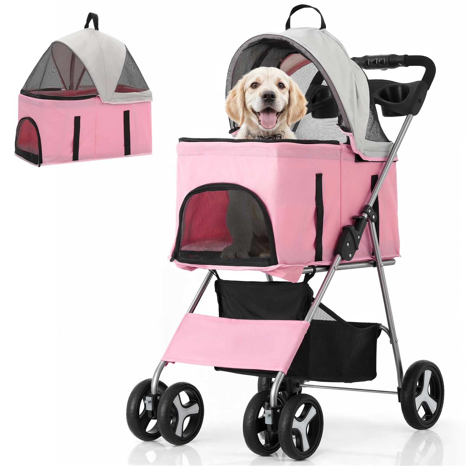 MoNiBloom 3 in 1 Foldable Pet Stroller for Small & Medium Dogs, Detachable Carrier, Car Seat, Push Button Entry, 4-Wheel Jogger for Pets up to 33 lbs, Pink