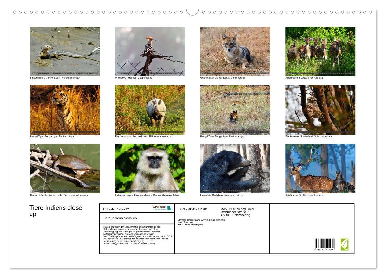 Tiere Indiens close up (Wandkalender 2026 DIN A2 quer), CALVENDO Monatskalender: Auge in Auge mit Wildtieren Indiens