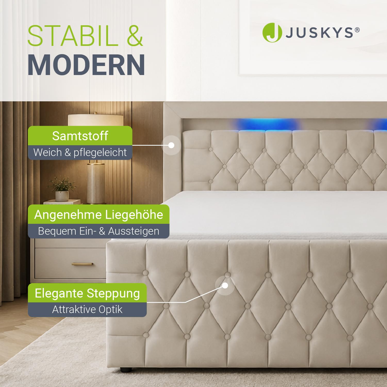 Juskys Boxspringbett Leona 180x200 cm - Bett mit LED Beleuchtung, Topper & H4 Federkern Matratzen - Doppelbett mit Samt und Steppung - Beige