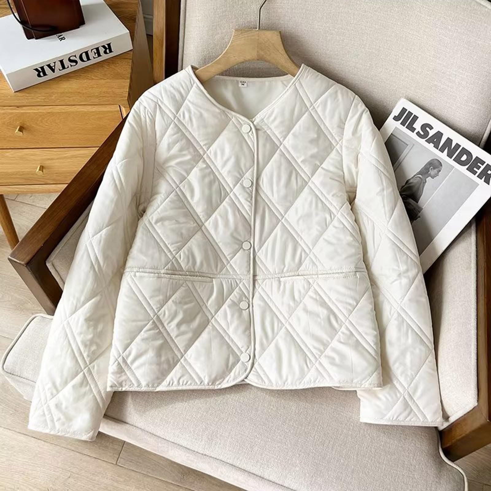 Doudoune légère pour femme - Veste matelassée sans col - Veste d'hiver boutonnée à manches longues et col rond - Manteau léger et chaud