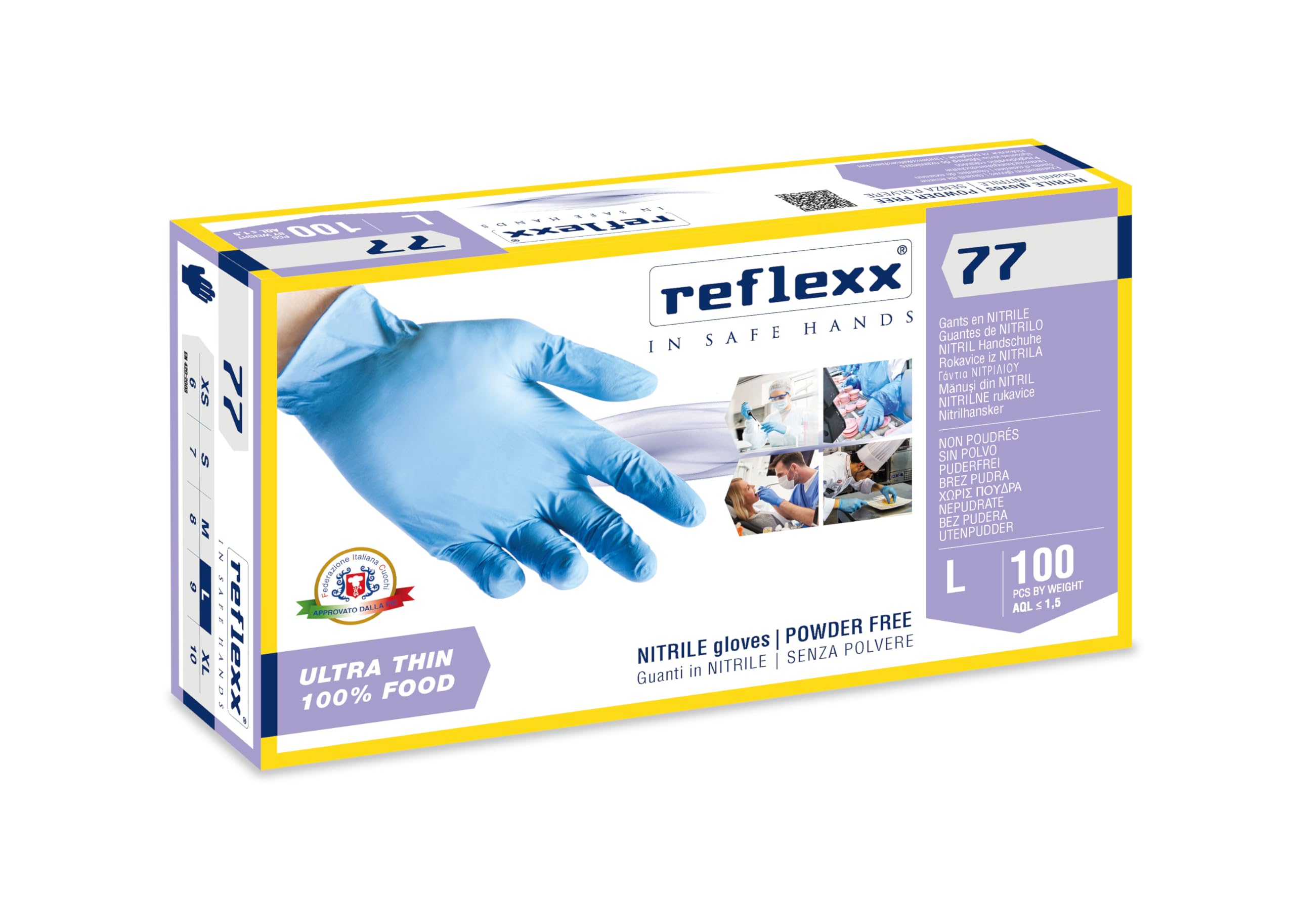 Reflexx R77100/L Zestaw 100 bezpudrowych rękawic nitrylowych gr 3,0 L Jasnoniebieskie