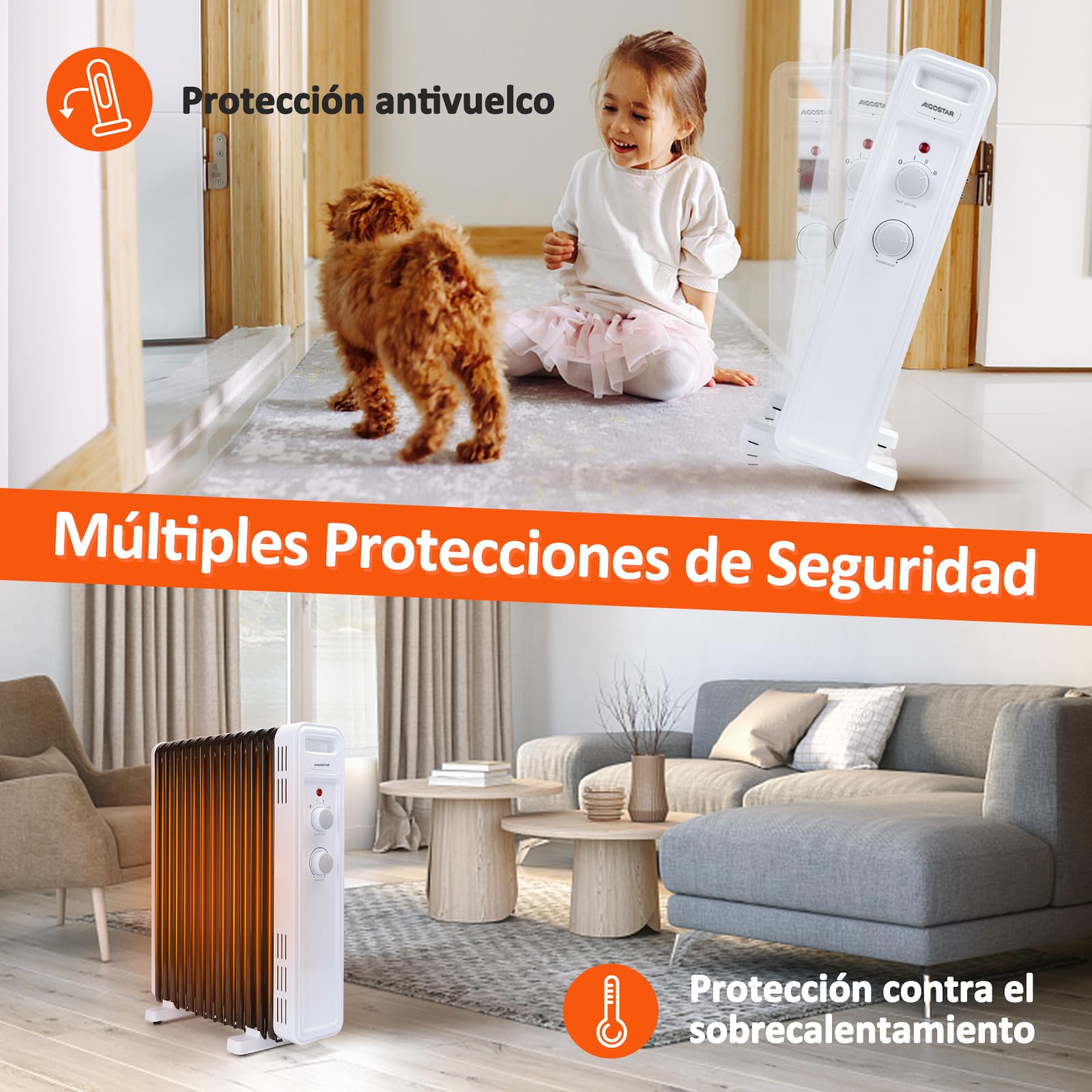 Aigostar Radiador de Aceite de 13 Elementos, 2500 W, Silencioso, 3 Niveles de Potencia, Termostato Ajustable y Función de Apagado Seguro, Protección Antivuelcos, Recomendado para Estancias de 25 m2