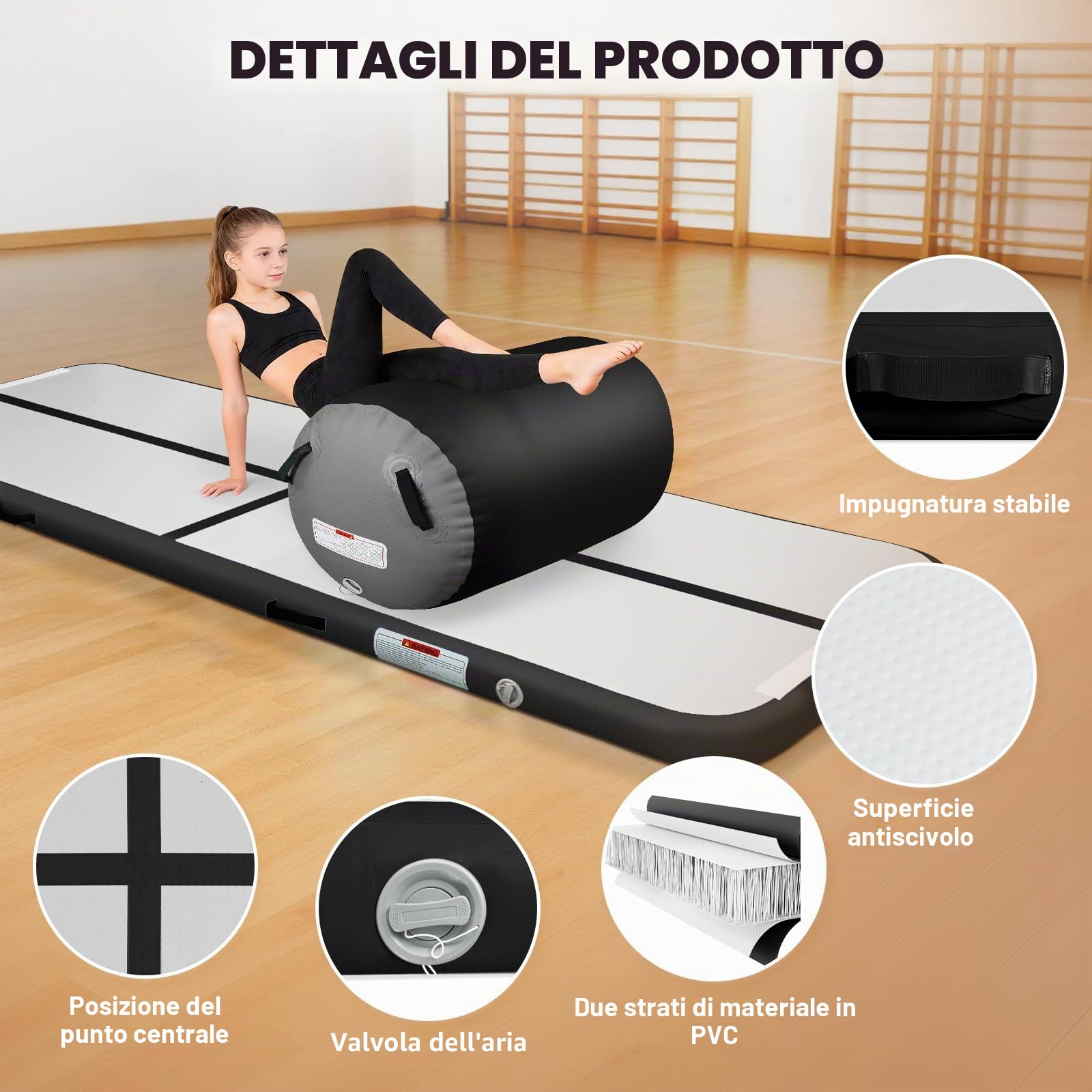 air roll ginnastica artistica con air roller,Tappeto da ginnastica da 10 cm premium con pompa ad aria | Pista per tumbling resistente 3 m/4 m con rullo gonfiabile 100x60 cm