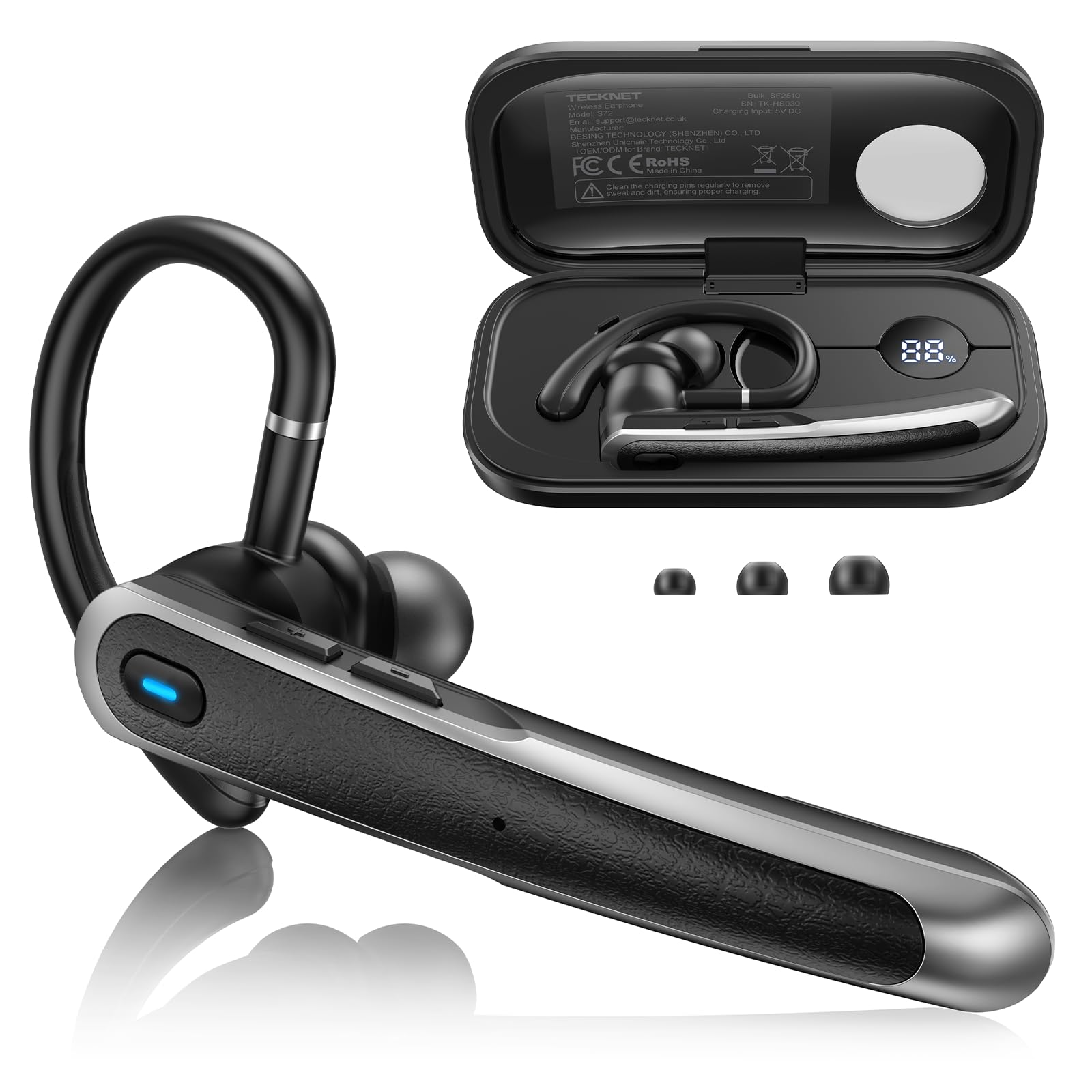 TECKNET Auriculares Bluetooth 5.4 con micrófono, doble micrófono ENC con cancelación de ruido, intercambio de IA en tiempo real, auriculares inalámbricos Bluetooth con batería de 56 horas y bolsa de