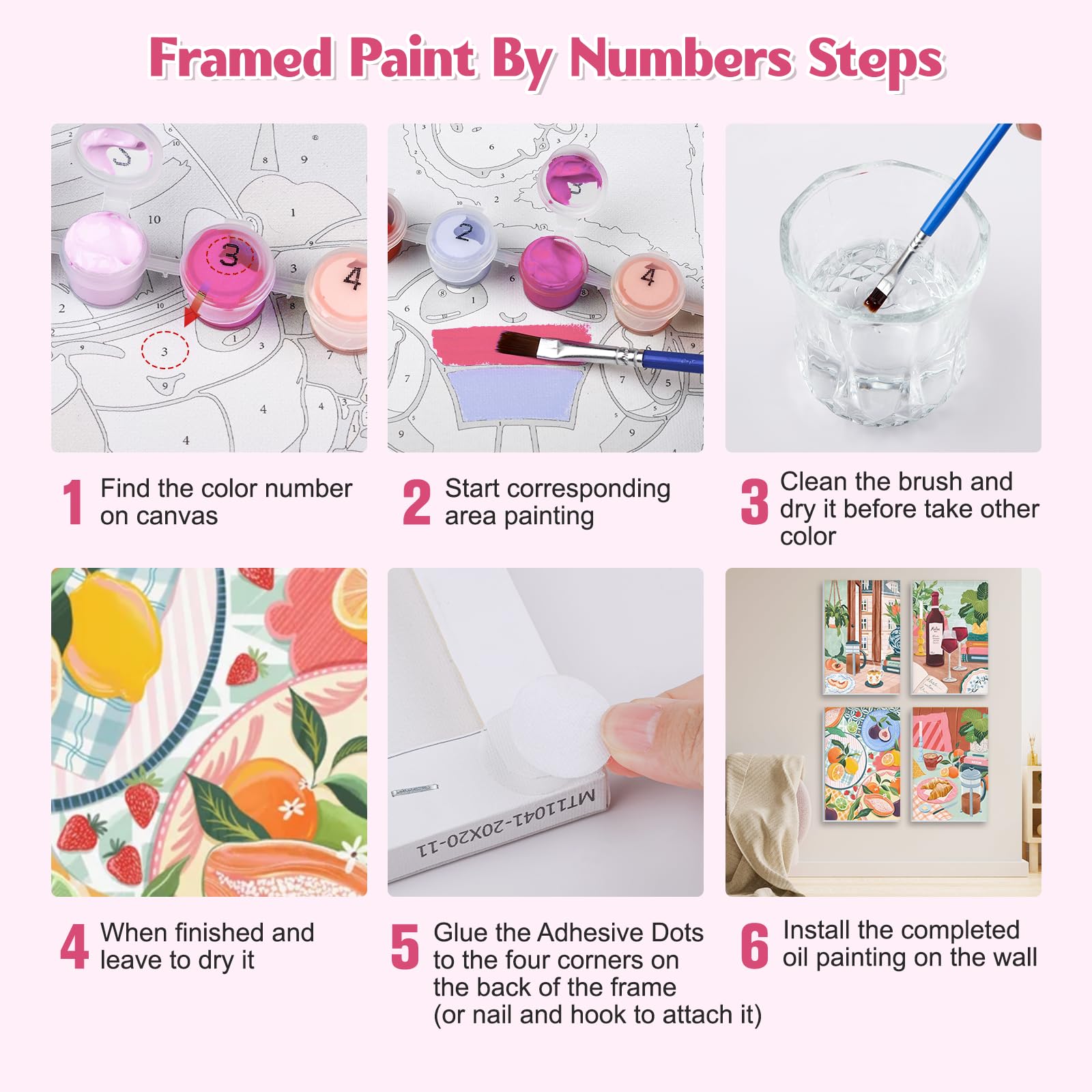 NAIMOER 4 Pezzi Cibo Dipingere con i Numeri Adulti Bambini con Cornice Detentore, Caffè Tè Paint by Numbers Kit Dipingere con i Numeri Pigmento Acrilico Decorazione Regalo 20x30cm