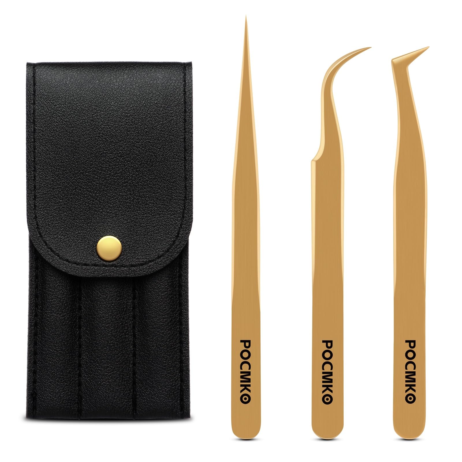 Pocmko Gold Lash Tweezers Set For Eyelash Extension, Eyelash Tweezers For Classic Individual And Volume Lash Extensions, Complete With Storage Case (, 3Pcs Set)