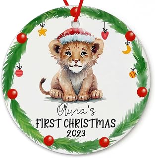 Dinoz My First Christmas Animal Lion Lovers Décor, Baby Xmas Animals Santa Tree Decor Hanging Keepsake Gifts Round Circle Ornament Ceramic Personalized Name