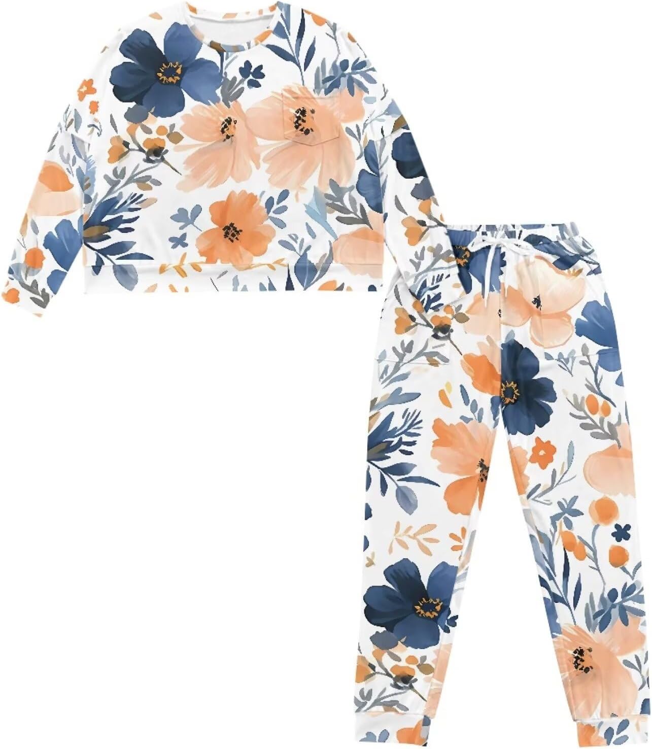 Women's Soft Comfy Pjs 2Pcs, Long Sleeve Top Long Pants, Loose Sleepwear Loungewear with Drawstring Casual Outfits