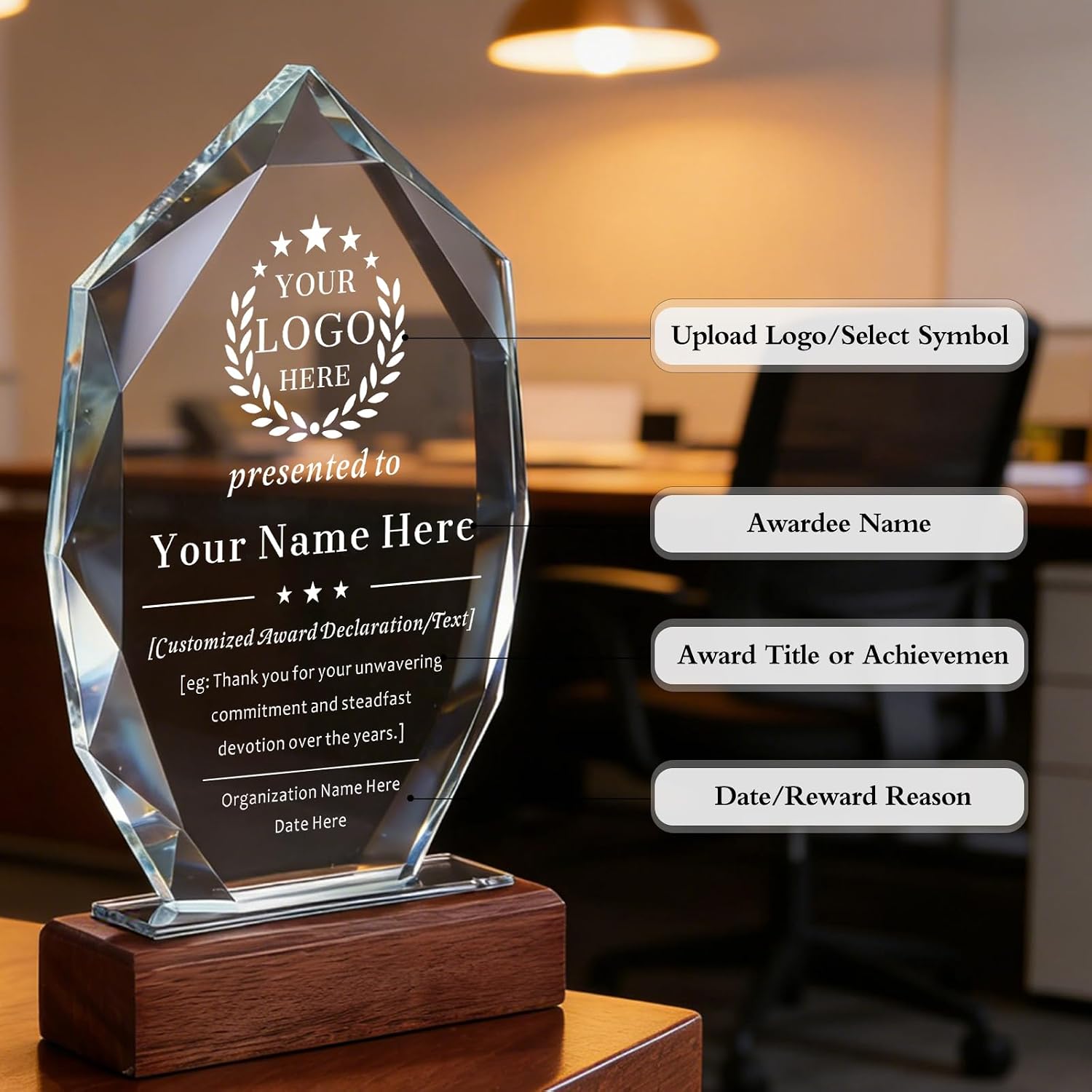 Ship Next Day, Custom Crystal Trophy - Personalized K9 Crystal Trophy with Company Logo & Text Employee Name, Engraved Award for Employee Recognition, Years of Service, Leadership, Appreciation